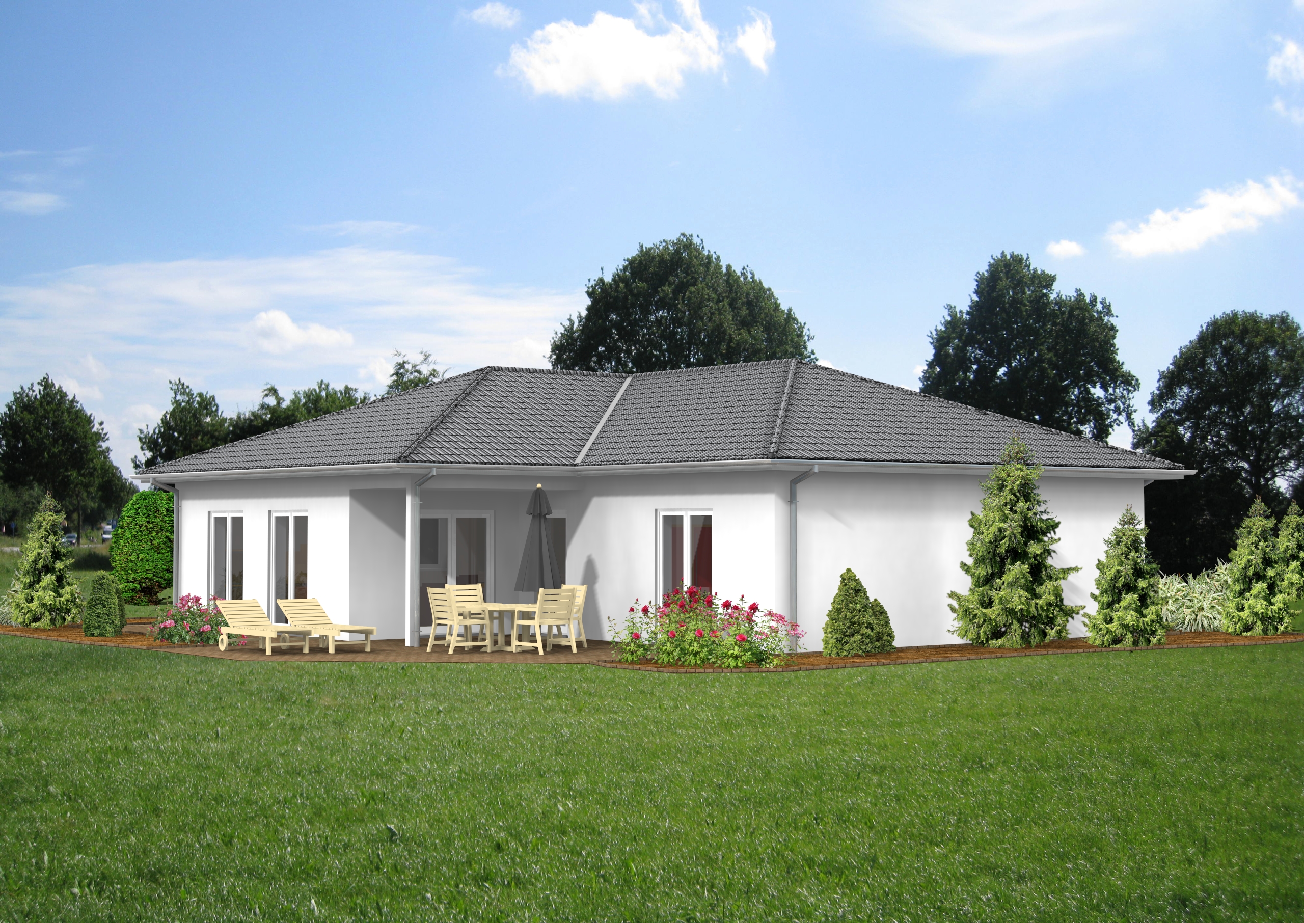 Bungalow Typ K – Gartenansicht mit Terrasse