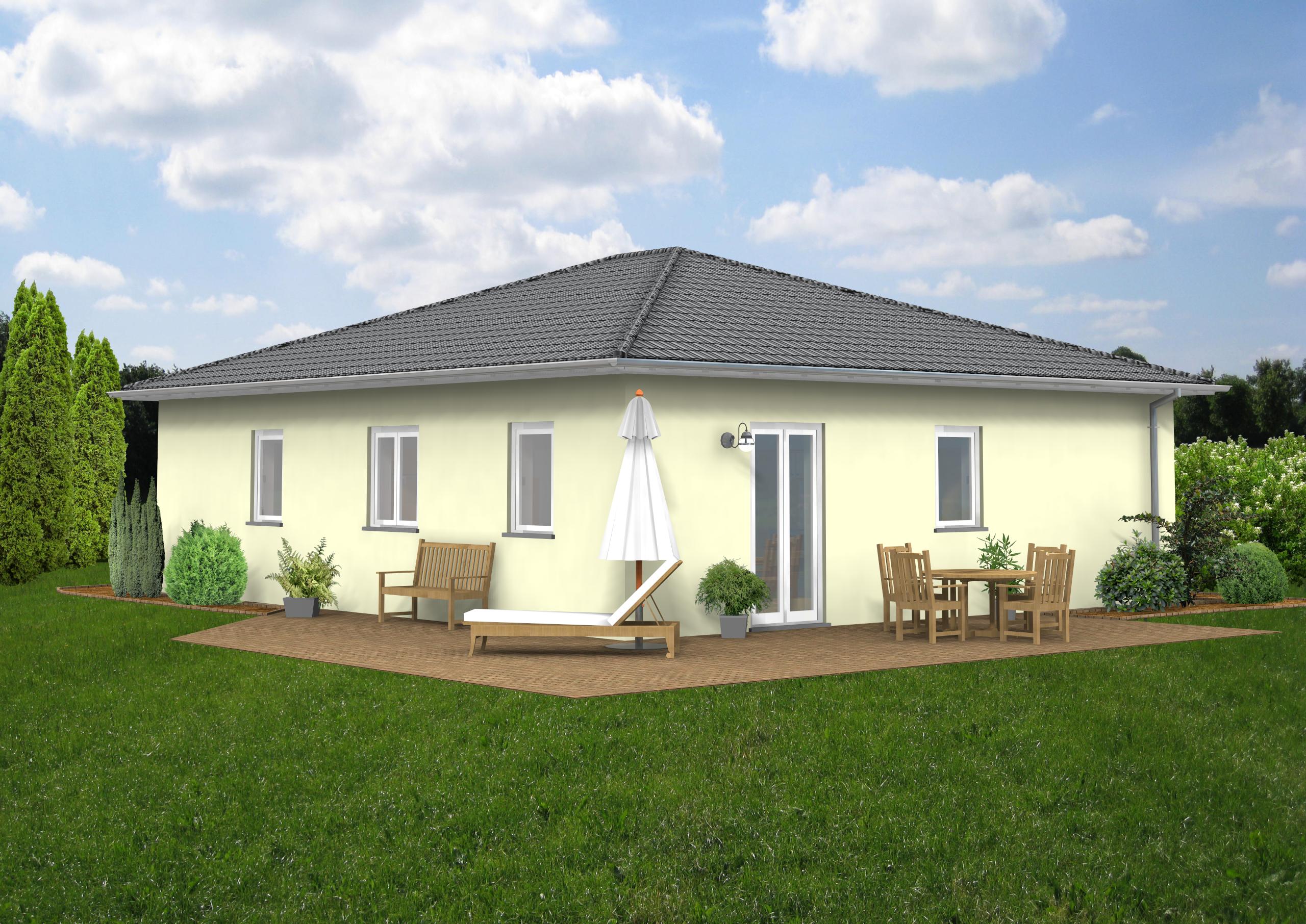Bungalow Typ M – Gartenansicht mit Terrasse